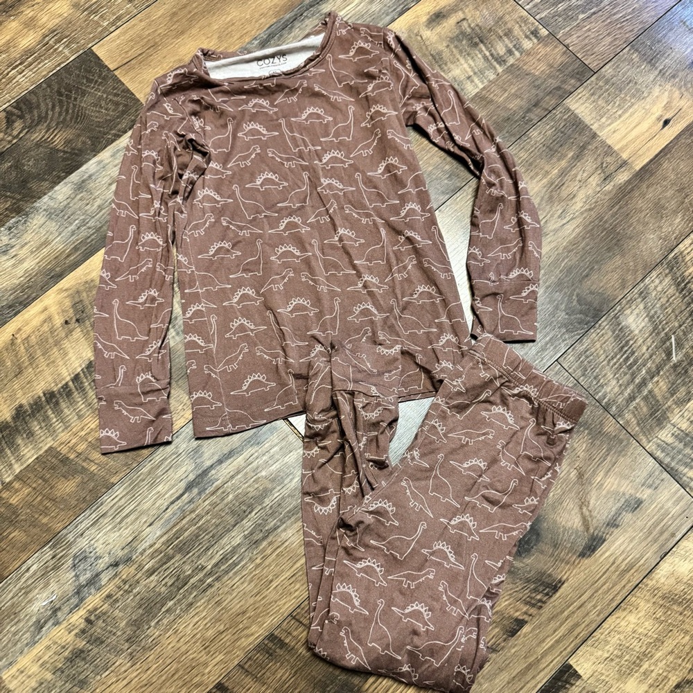 Kids Brown Bamboo Dino Print Pajama Set - Cozy Long Sleeve & Pants